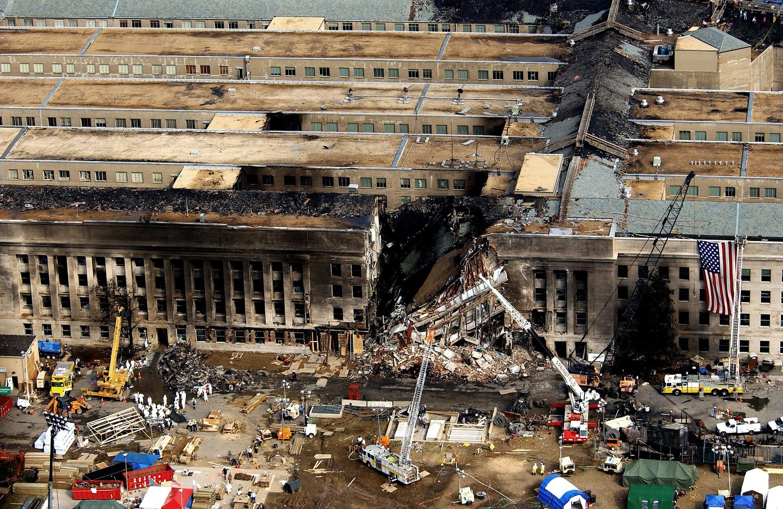 Aerial view of emergency crews at the Pentagon after the crash into the southwest corner.