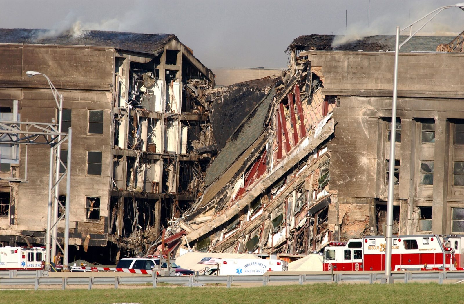 A roughly 200-foot opening in the southwest face of the Pentagon after American Airlines Flight 77 struck the building.