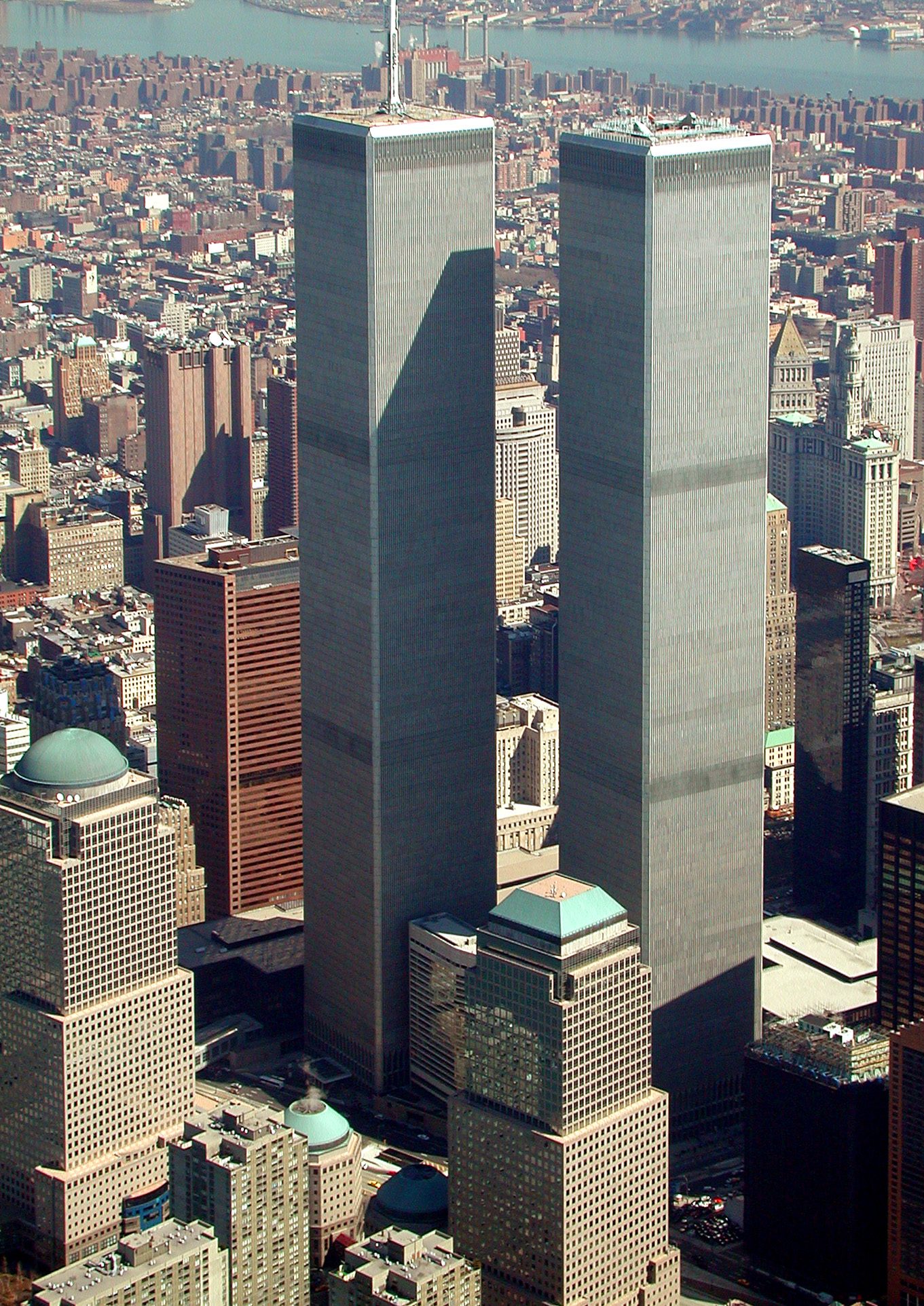 The original WTC complex standing, looking north-east over lower Manhattan, six months before the attacks.