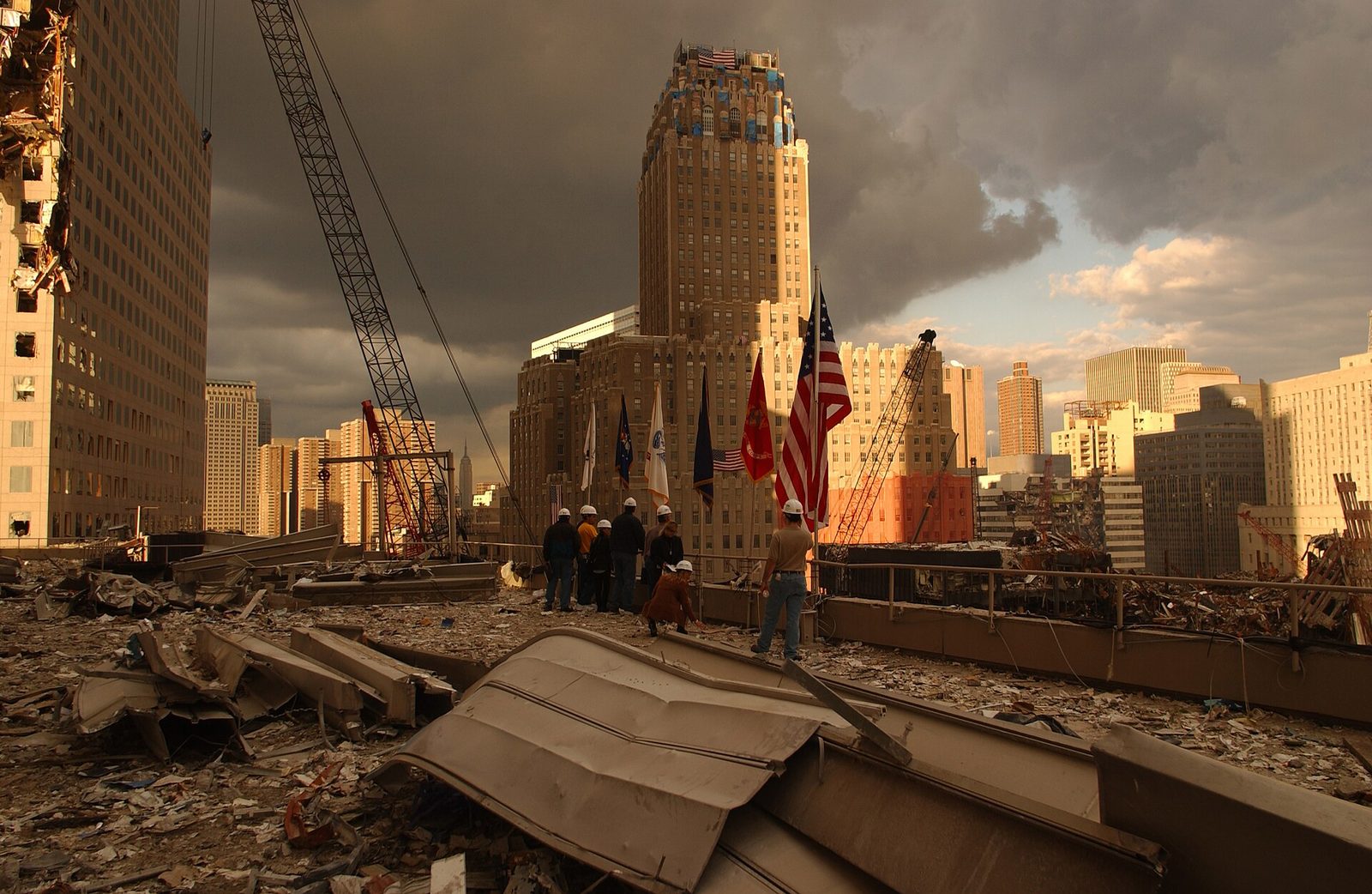Debris thrown onto surrounding roofs at the World Trade Center site.