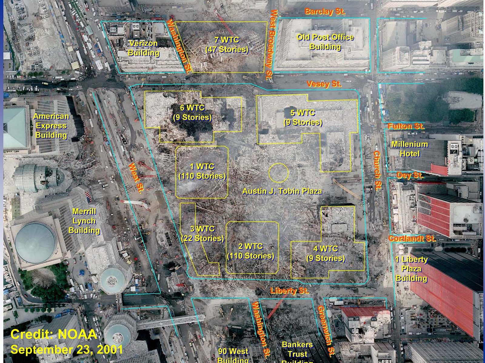 The WTC site after the attacks, with the original footprints of the buildings marked.